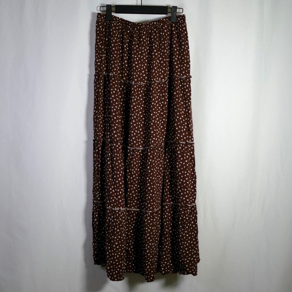 Aeropostale Womens Boho Dainty Floral Tiered Maxi Skirt Size L Brown Cottagecore
